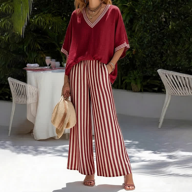 Elegant Stripe Print V-neck Half-sleeve Blouse & Wide-legs Pants Set - Red - 3XL - image 6