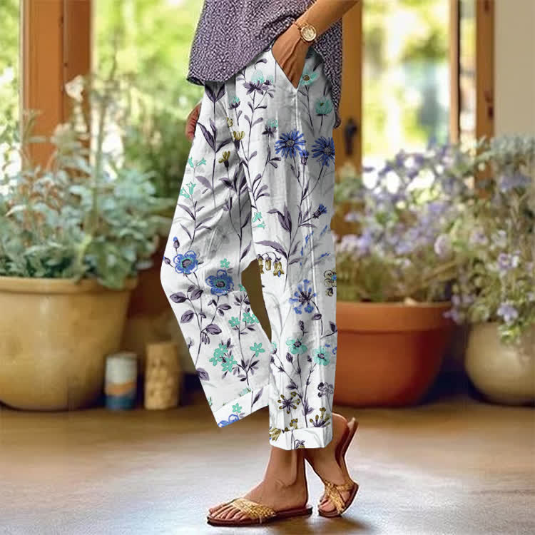 Pastoral Watercolor Flowers And Plants Pattern Print Casual Pocket Pants  - Blue - US 20 (5XL) - image 5