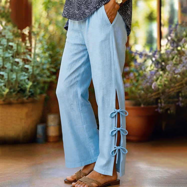 Elegant Solid Cozy Slit Lacing Casual Pocket Pants  - Sky Blue - 2XL - image 4