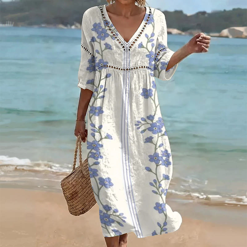 Boho Floral Print V-neck Mid Dress - White-Blue - US 16-18 (4XL) - image 7