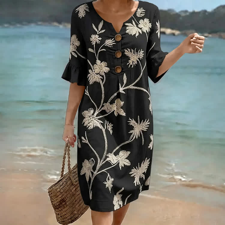 Boho Floral Notched Collar Button Ruffled Half Midi Dress - Black - US 22 (4XL) - image 6
