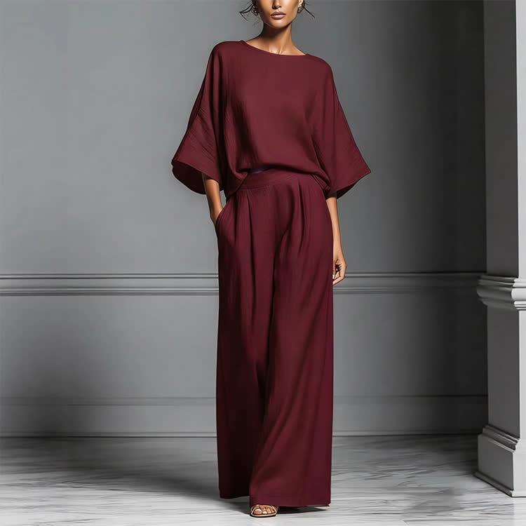 Elegant Solid Round-neck 3/4 Wide-sleeve Blouse & Wide-legs Pants Set - Wine - 3XL - image 8