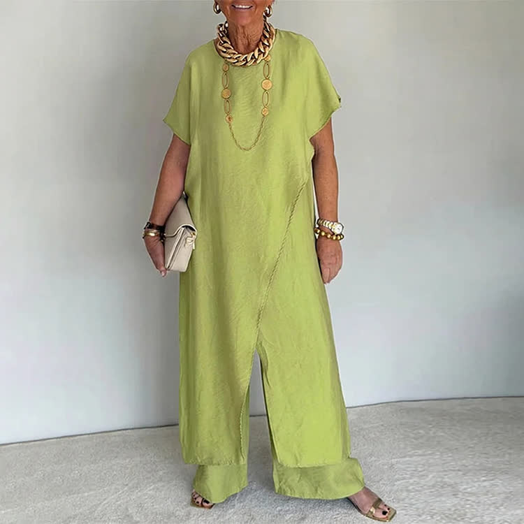 Elegant Solid Round-neck Short Wide-sleeve Blouse & Wide-legs Pants - Green - 3XL - image 12