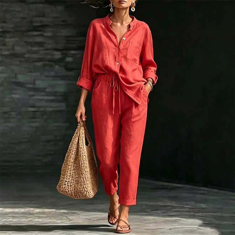 Solid Casual Texture Stand Collar Long-sleeve Shirt & Large Pocket Pants Set - Red - 5XL - image 6