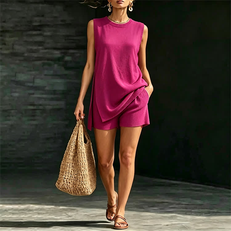 Solid Sleeveless Knit Sweater High Side Slit Top & Short 2 Piece Set - Purple - 3XL - image 13