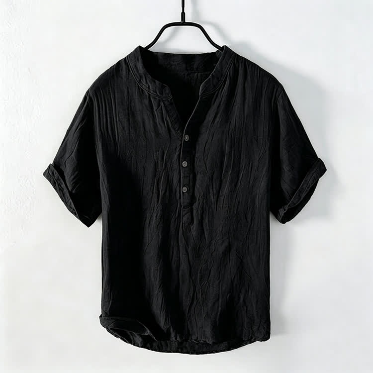 Cozy Fit Solid Short-sleeve Henley Shirt - Black - 5XL - image 4