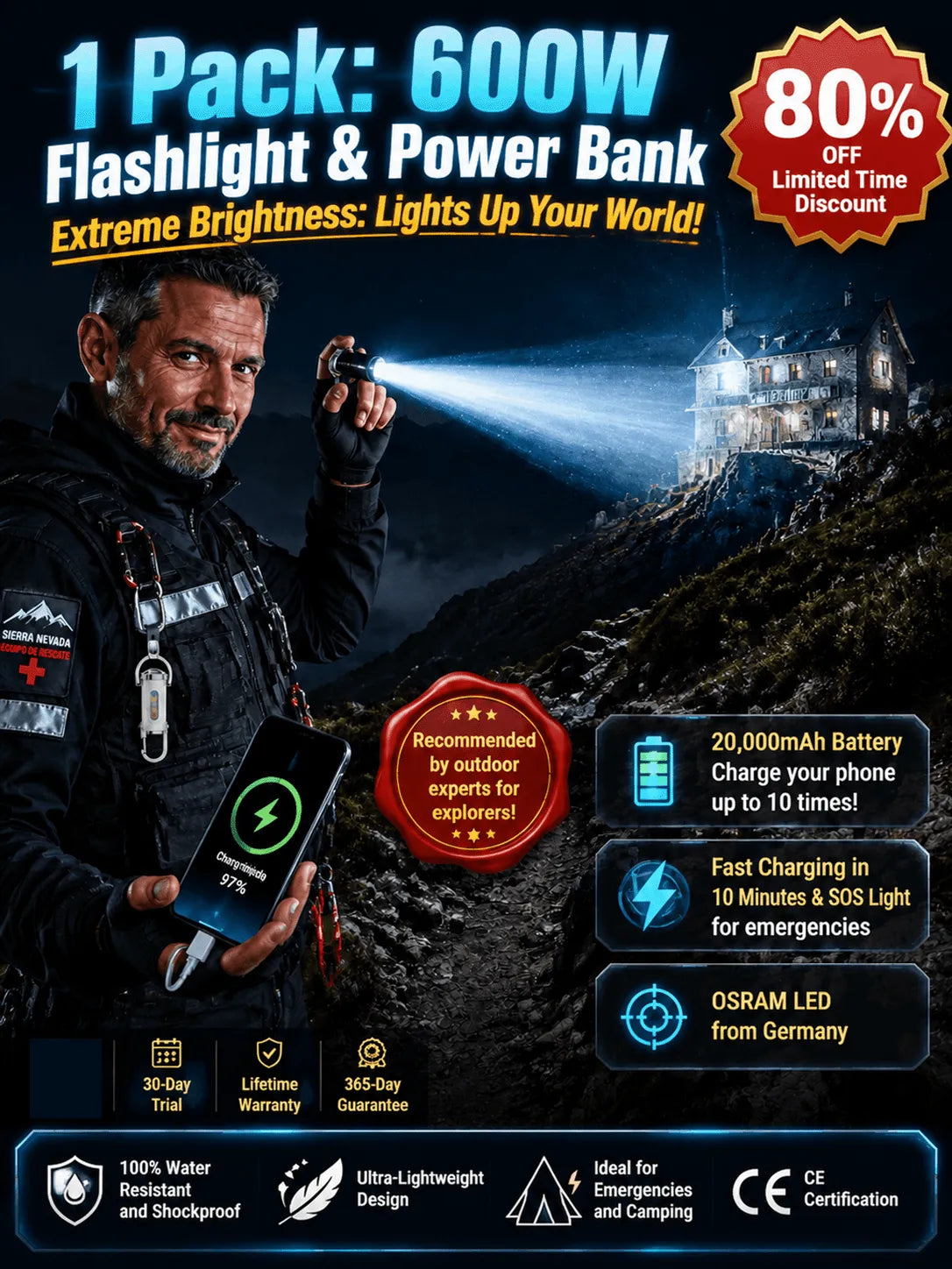 Ultra-bright keychain flashlight with mobile phone charging capability