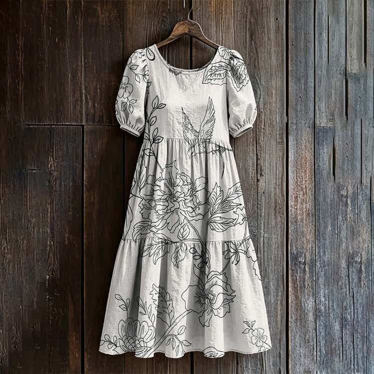 Flowers And Birds Pattern Print Casual Loose Dress - Warm Grey - US 24 (5XL) - image 3