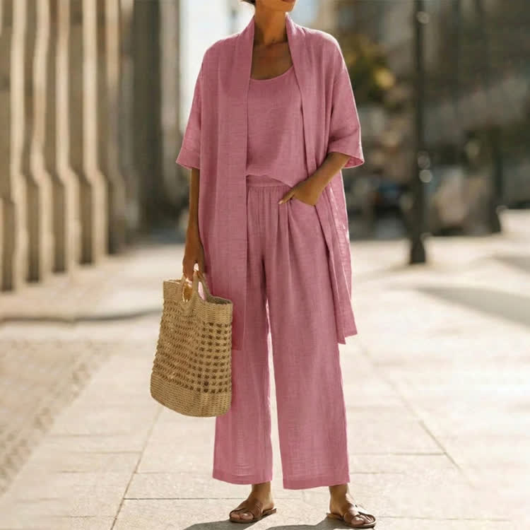 Cozy Solid Texture Top& Pants & Kimono Cardigan 3-piece Set - Pink - 2XL - image 4