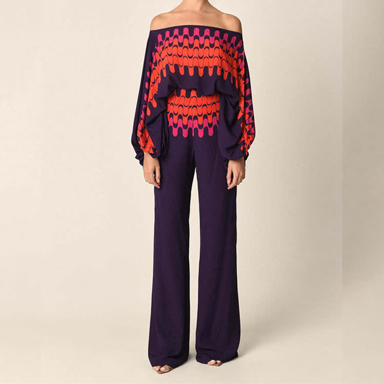 Fashion Tie-dye Stripe Gradient Cold Shoulder Batwing Sleeves Tops & Wide Leg Pants Set - Purple - 3XL - image 7