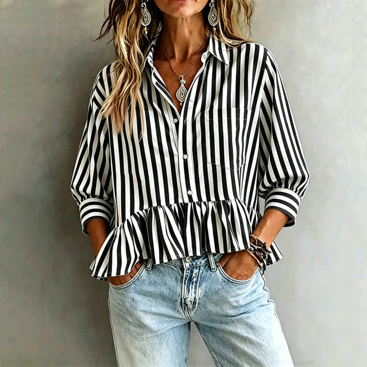Women's Casual Striped 3/4 Sleeve Button-down Shirt - Black - 2XL - image 3