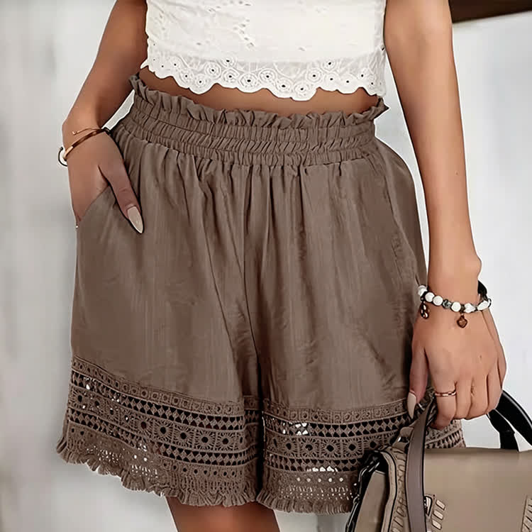 Boho Solid Lace Pocket Short Pants  - Brown - 2XL - image 8