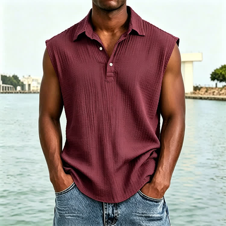 Cozy Solid Texture Sleeveless Button Polo Shirt - Wine - 4XL - image 7