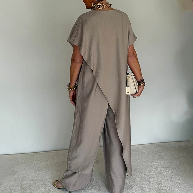 Elegant Solid Round-neck Short Wide-sleeve Blouse & Wide-legs Pants - image 9