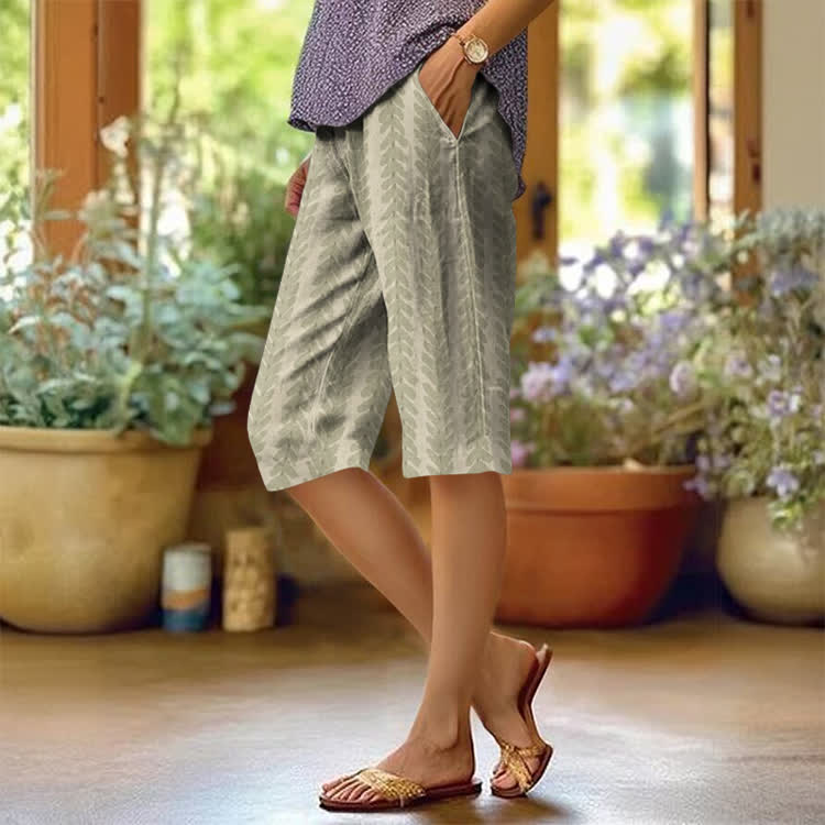 Elegant Wheat-ear Pattern Print Casual Pocket Mid Short Pants  - Light Green - US 20 (5XL) - image 3