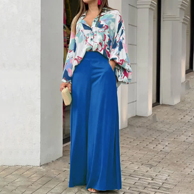 Elegant Color Block Print Turn-down Collar Lantern-sleeve Shirt & Large Pocket Wide-leg Pants Set - Blue - 3XL - image 6