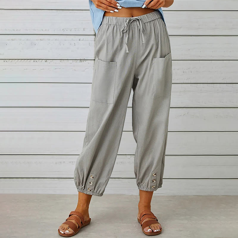 Women's Casual Loose Button Pocket Cropped Pants - Grey - 4XL - image 7