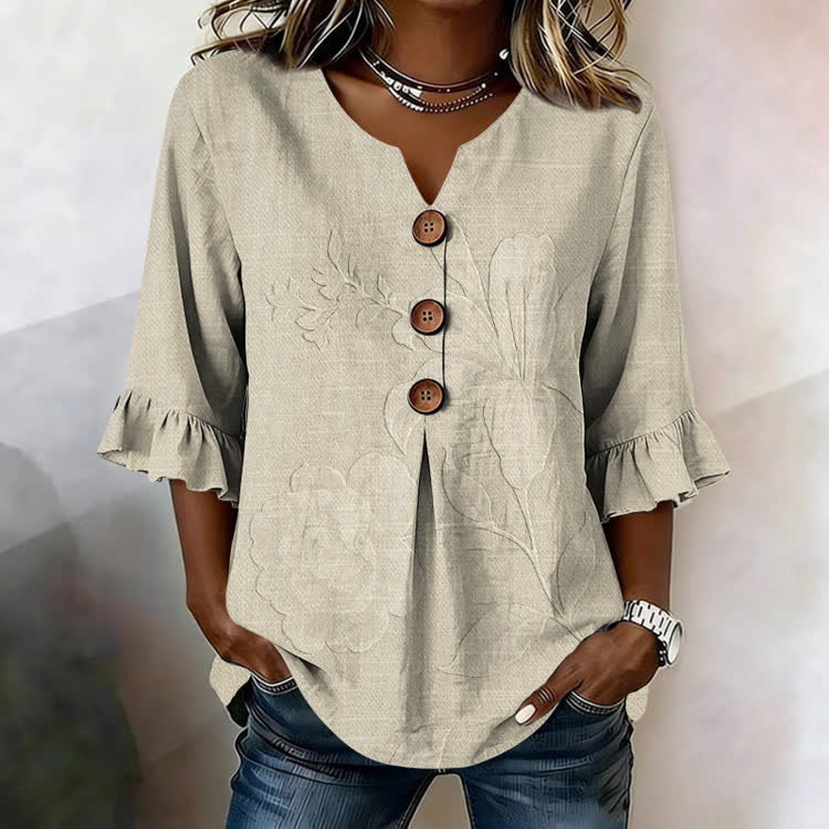 Lily Relief Texture Pattern Print Button V-Neck Blouse With Ruffle Sleeves - Apricot - US32-34(5XL) - image 3