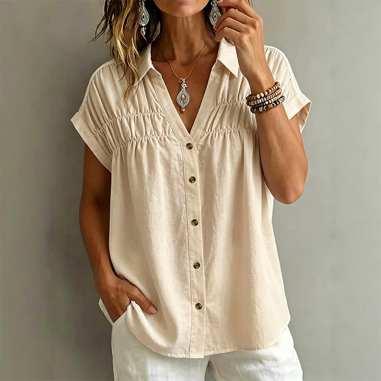 Women's Casual Solid V-neck Button-up Short-sleeve Blouse - Apricot - 2XL - image 4