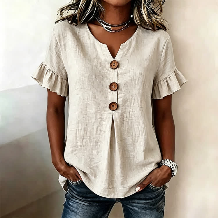 Solid Button Short Ruffle Sleeves V-neck Blouse - Apricot - US32-34(5XL) - image 12