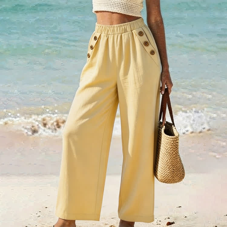 Casual Elastic Waist Button Detail Wide Leg Pants - Yellow - 2XL - image 4