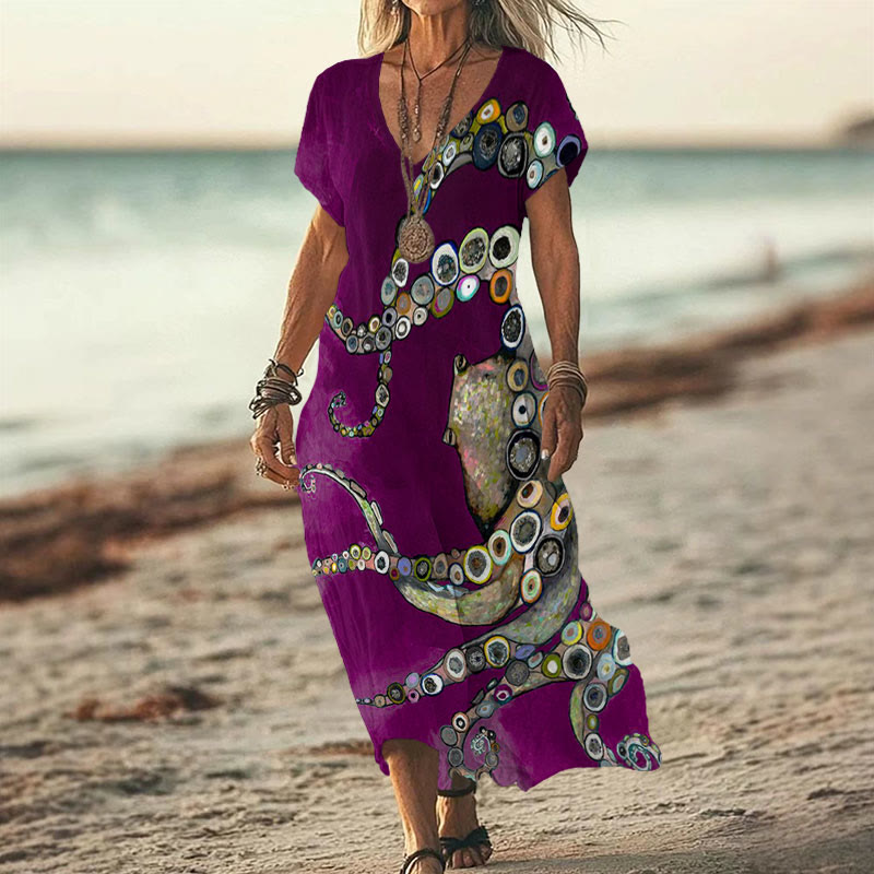 Colorful Octopus Oil Painting Print V-neck Dress - Purple - 6XL - image 4