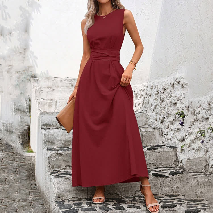 Elegant Solid Waist Tie Sleeveless Round-sleeve Maxi Dress - image 8