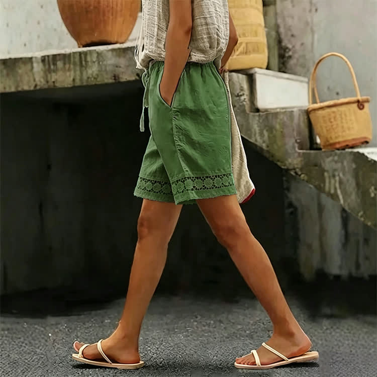 Cozy Solid Texture Lace Splicing Large Pockets Short Pants  - Green - 2XL - image 5