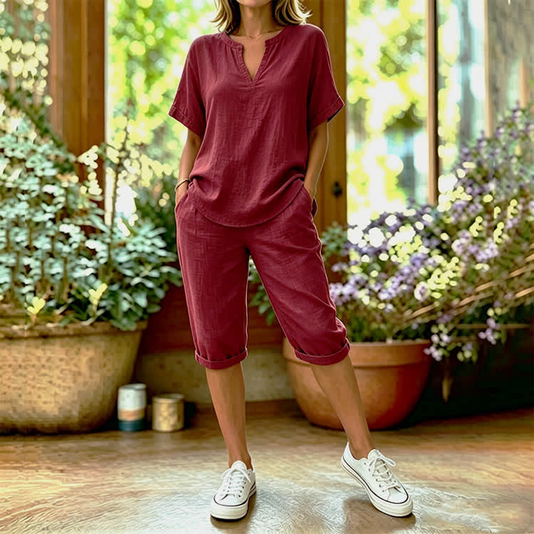 Solid Color Short Sleeve Casual Blouse & Pocket Mid Short Set - Red - 4XL - image 7