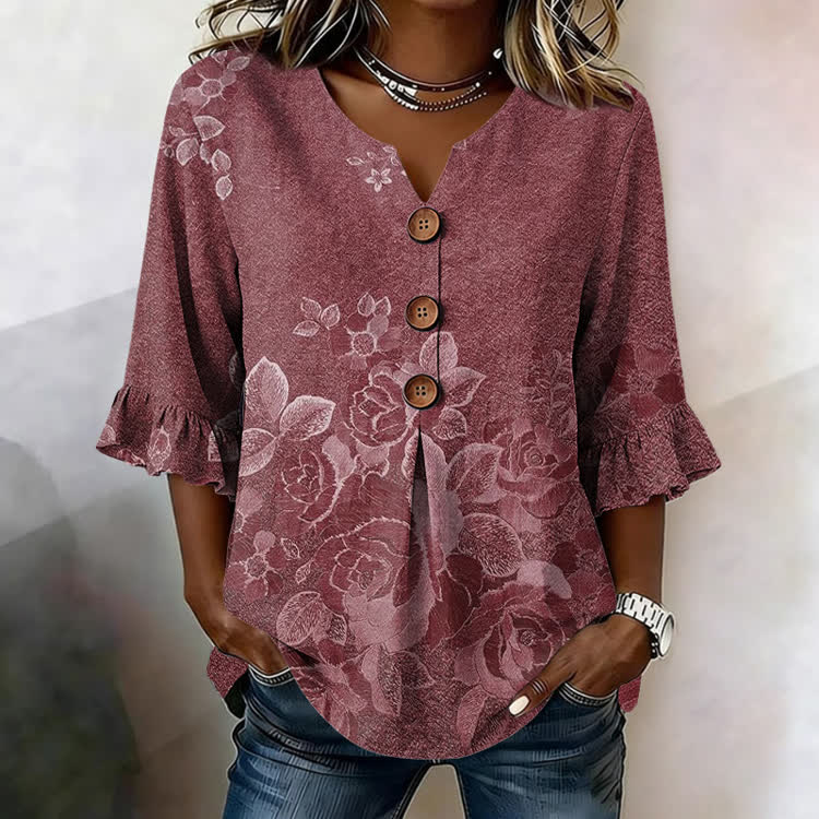 Subtle Floral Texture Pattern Print Button V-Neck Blouse With Ruffle Sleeves - Wine - US32-34(5XL) - image 4