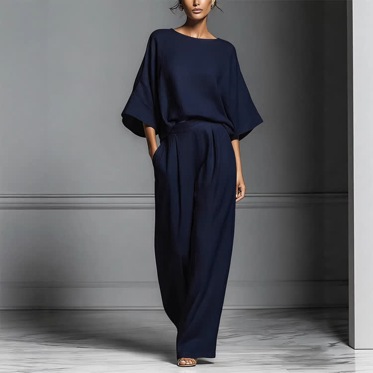 Elegant Solid Round-neck 3/4 Wide-sleeve Blouse & Wide-legs Pants Set - Navy Blue - 3XL - image 4