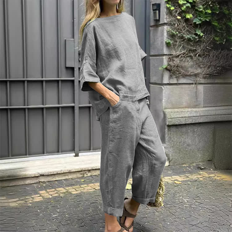 Cozy Solid Round-neck Half Sleeves Blouse & Pants Set - Grey - 5XL - image 5