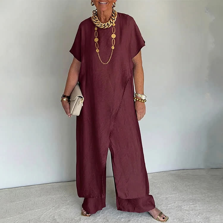 Elegant Solid Round-neck Short Wide-sleeve Blouse & Wide-legs Pants - Wine - 3XL - image 14