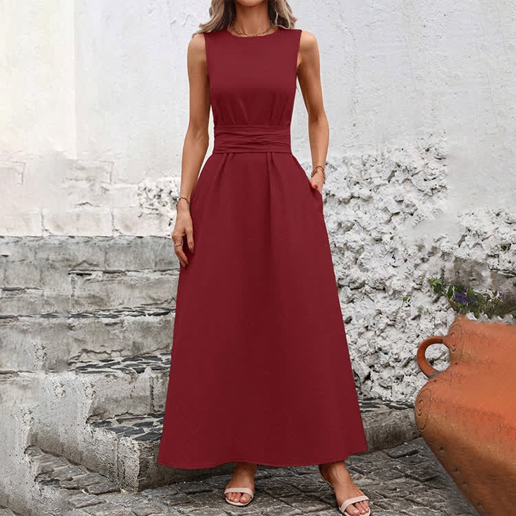 Elegant Solid Waist Tie Sleeveless Round-sleeve Maxi Dress - image 7