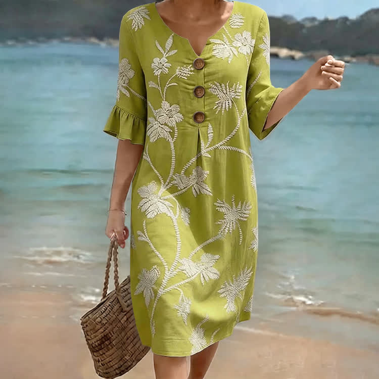 Boho Floral Notched Collar Button Ruffled Half Midi Dress - Olive Green - US 22 (4XL) - image 5