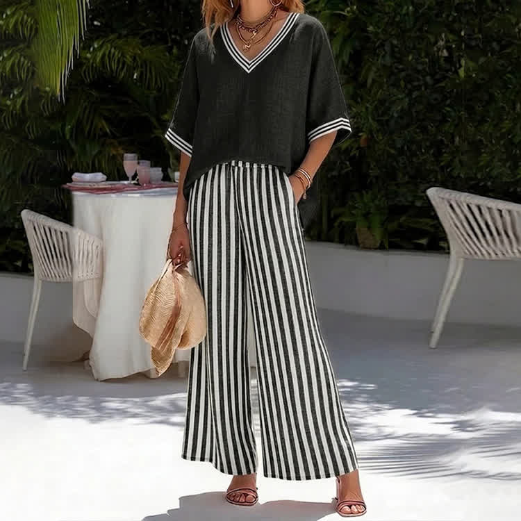 Elegant Stripe Print V-neck Half-sleeve Blouse & Wide-legs Pants Set - Black - 3XL - image 4