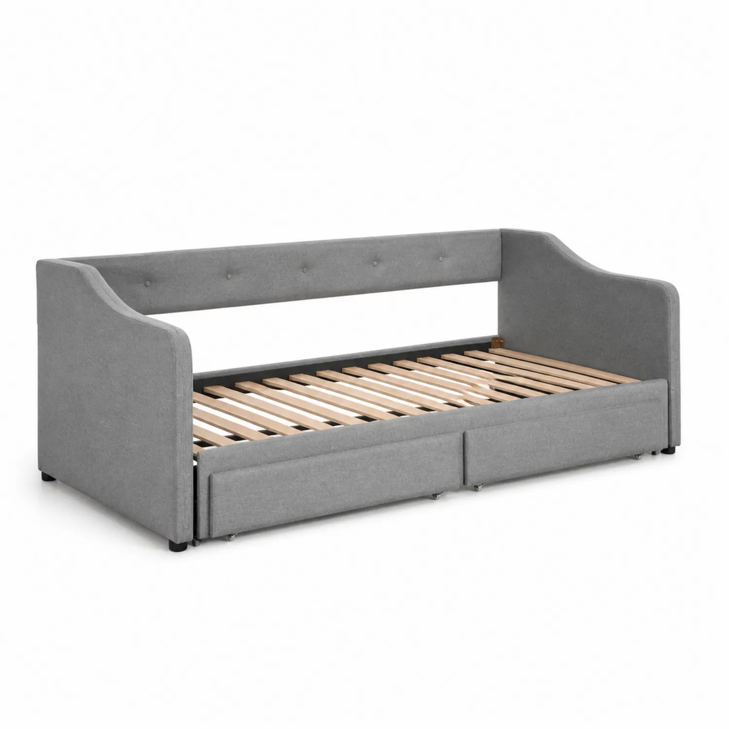 Sofá cama individual gris con estructura de madera y cajones