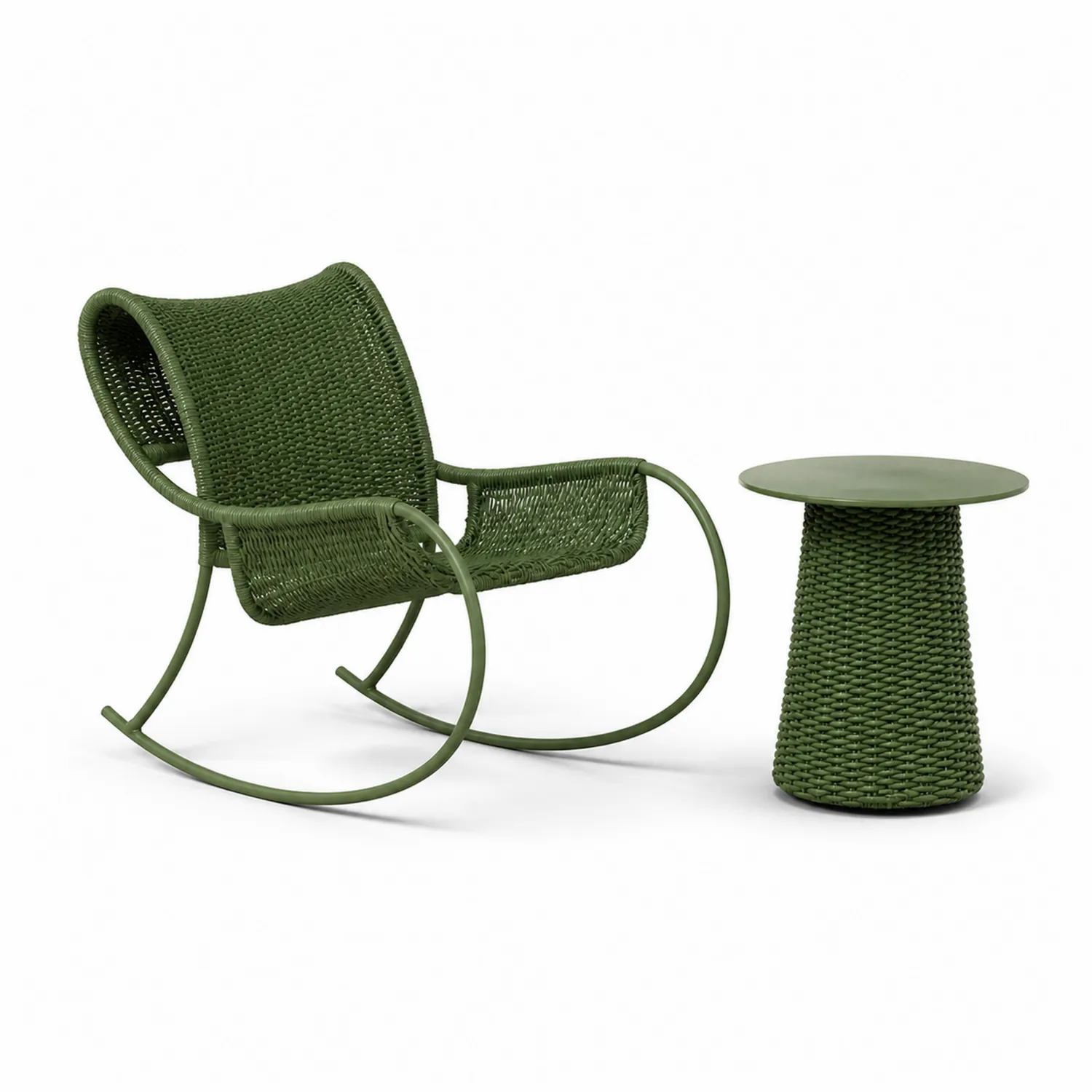 Conjunto de mecedora y mesa de aluminio y ratán sintético verde