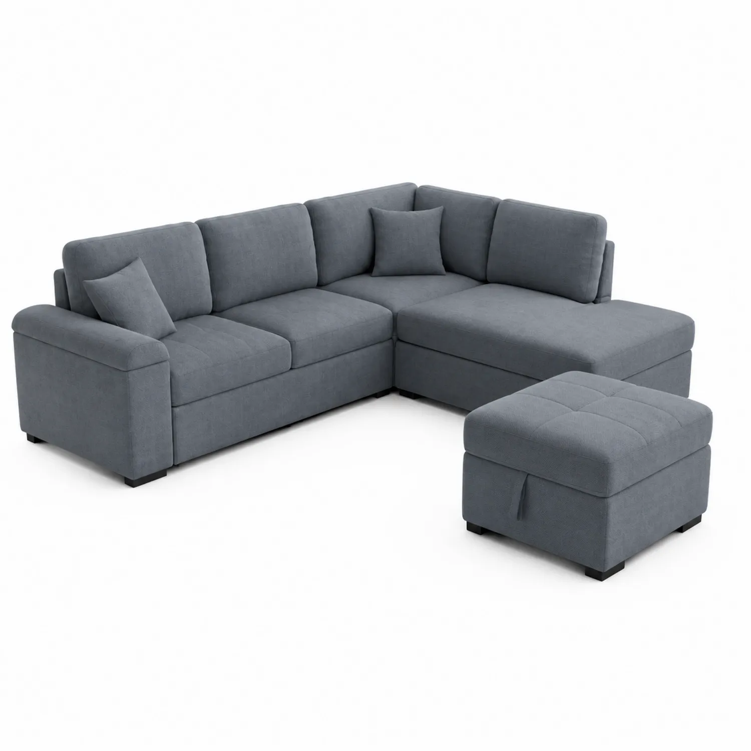 Sofá modular en forma de L con chaise longue y puf en tela de poliéster gris