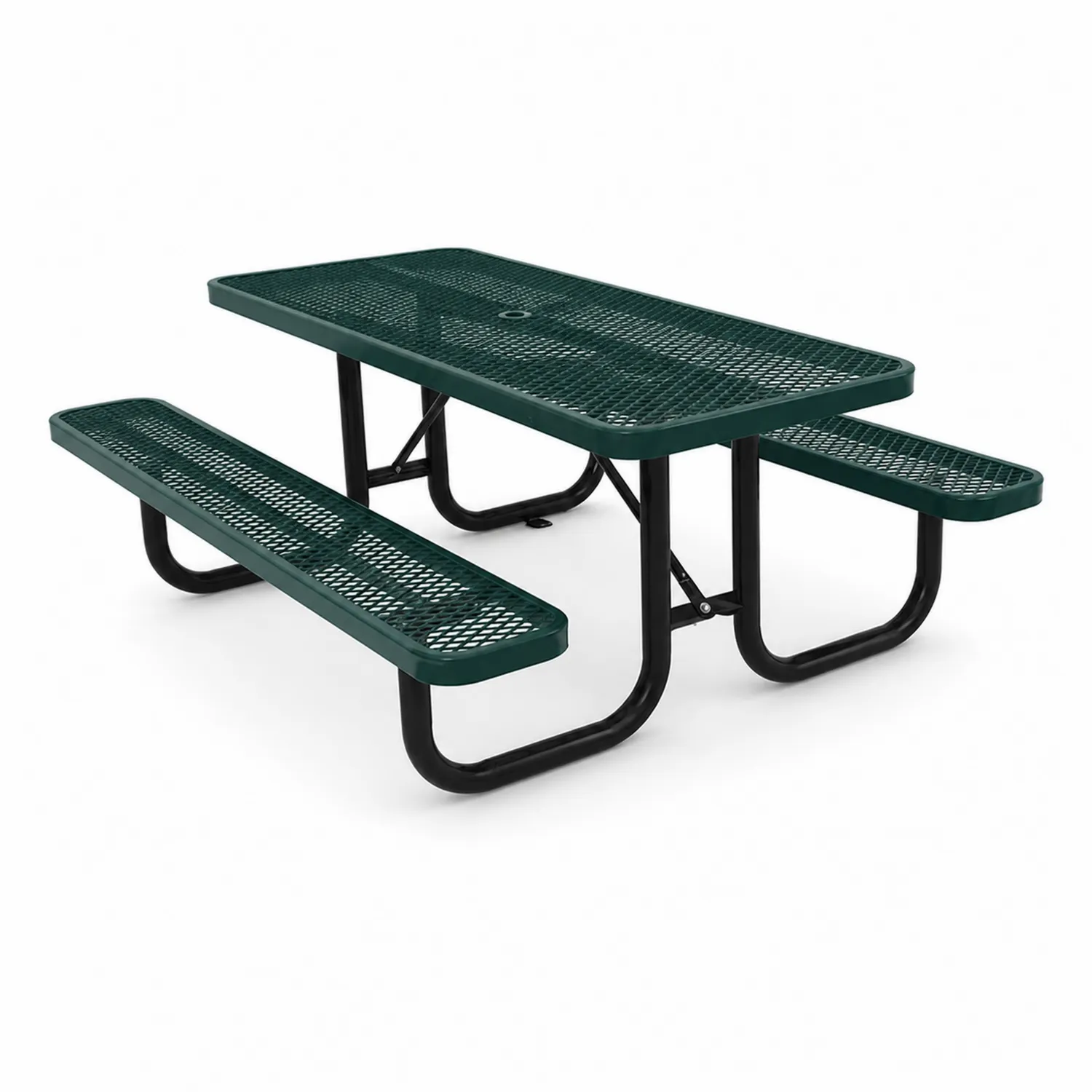Mesa de picnic de acero verde y negro con bancos