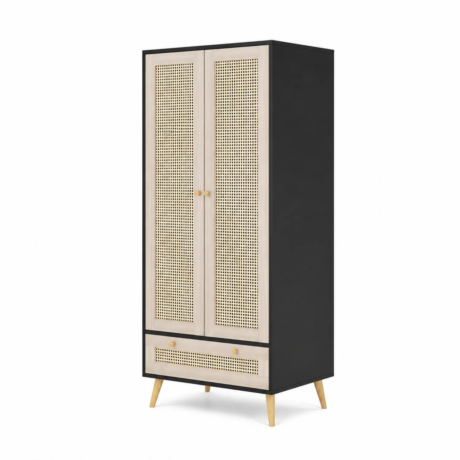 Armario de madera y ratán con puertas dobles de 180x80x50 cm Negro/Beige