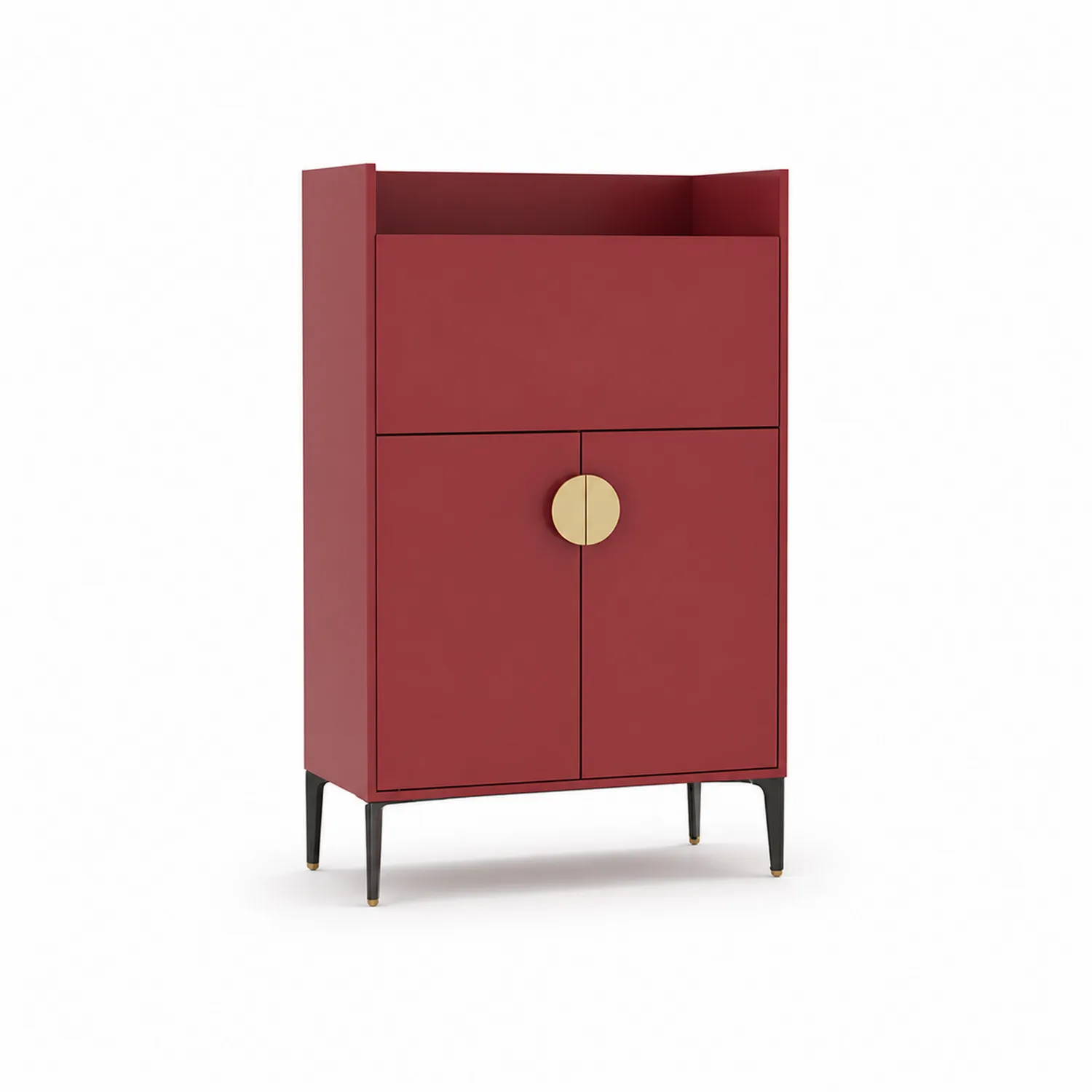 Armario de madera MDF rojo oscuro con patas de metal
