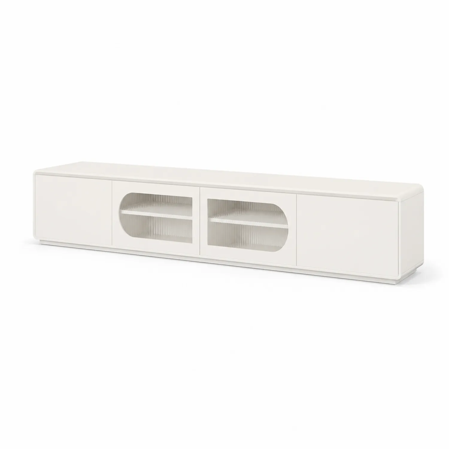 Mueble de TV blanco de madera con puertas de vidrio estriado 180x40x45 cm