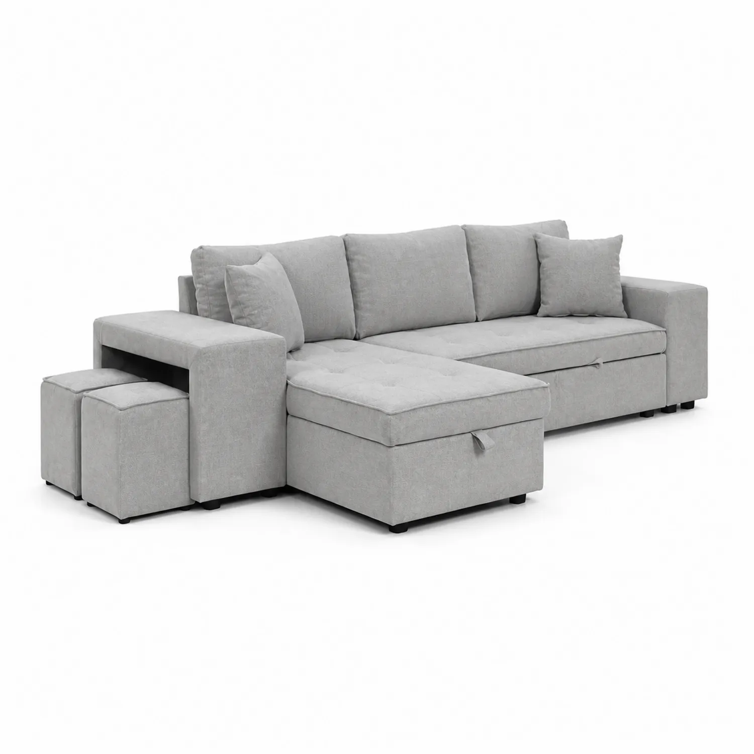 Sofá Modular en L con Chaise Longue y Taburetes Gris Claro