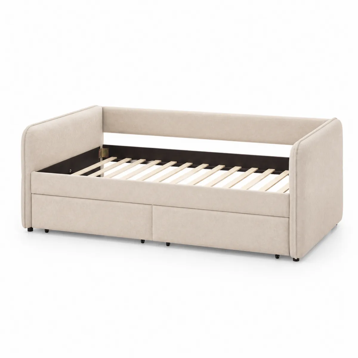 Divano Letto Singolo con Cassetti in Legno e Rivestimento in Tessuto Beige