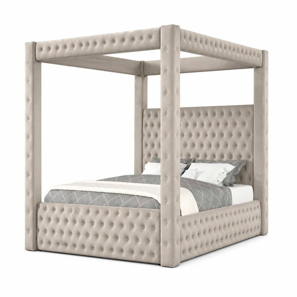 Letto a Baldacchino Matrimoniale in Velluto Beige 200x220 cm