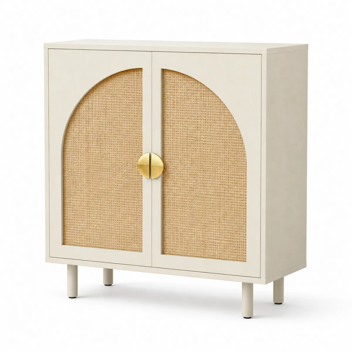Credenza in legno composito con rattan intrecciato e maniglie in metallo, 80x40x90 cm
