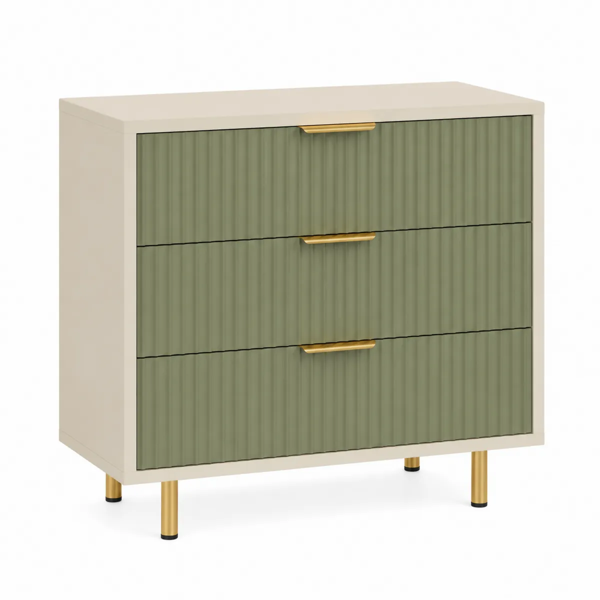 Cassettiera in MDF Beige e Verde con Maniglie Dorate, 3 Cassetti