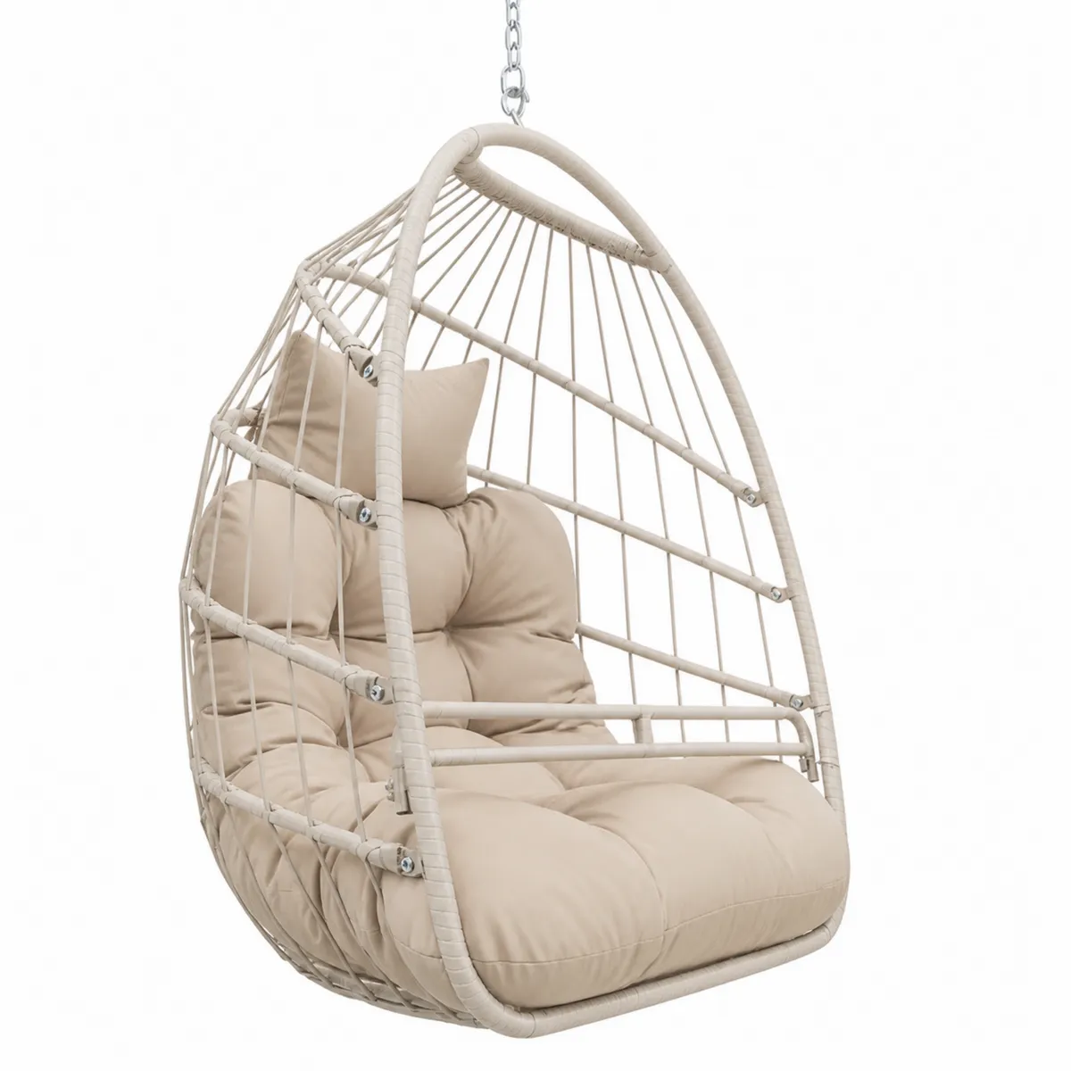 Sedia Sospesa in Rattan Sintetico Beige con Cuscino Imbottito