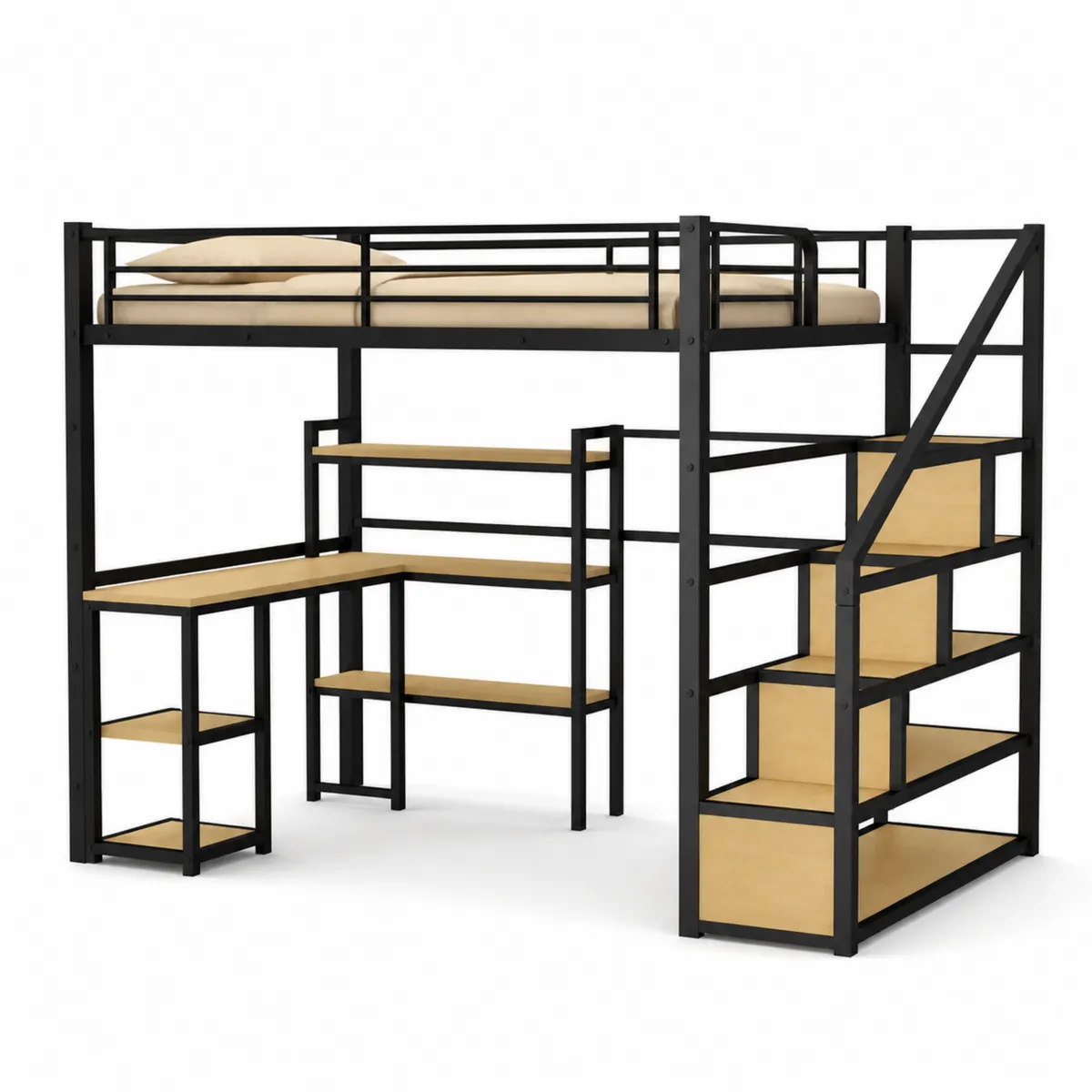 Letto a soppalco con scrivania e scaffali in metallo e legno 200x140x180 cm